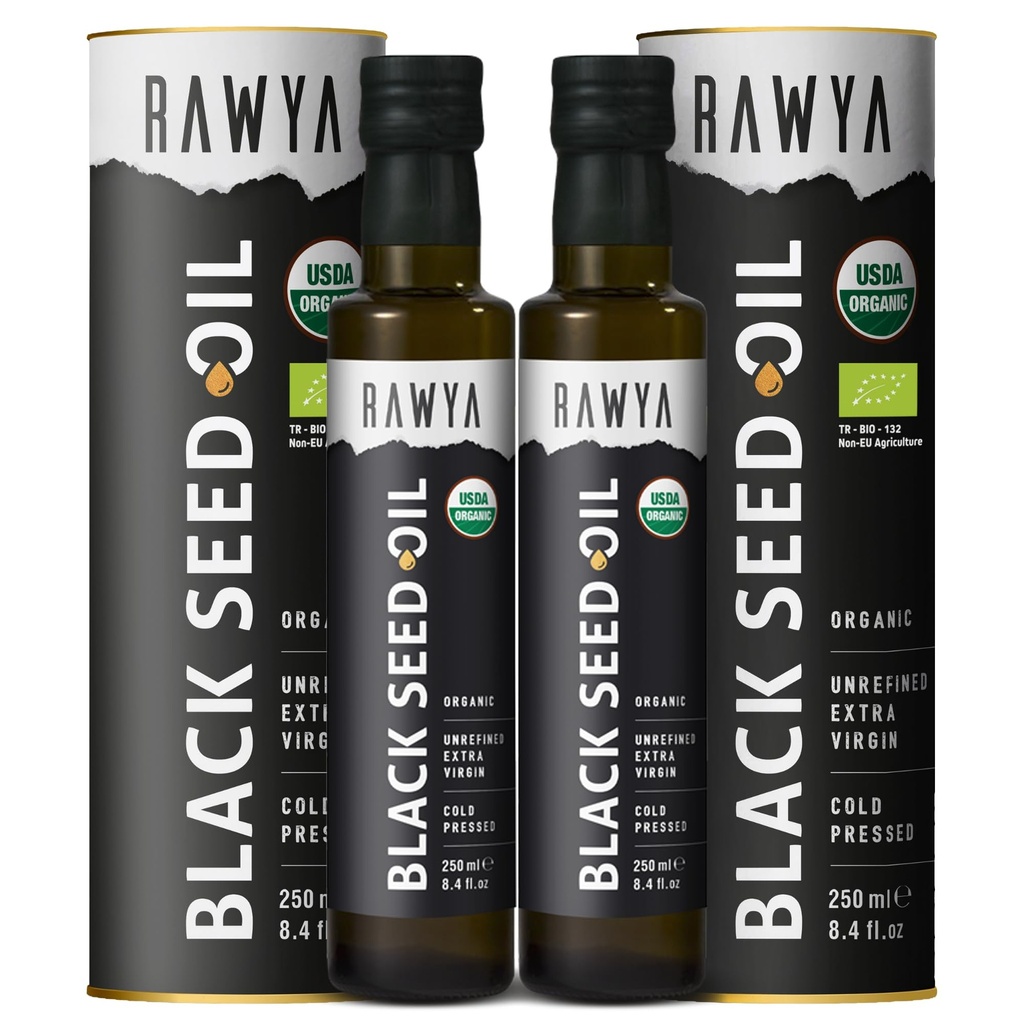 Olio di semi nero RAWYA - Nigella Sativa a freddo biologico - origine turca - USDA Organic - Supplemento naturale - Olio di semi di cumino nero - Ricco aroma &amp; ad alta concentrazione - Bottiglia di vetro 250ml - 2 Pack
