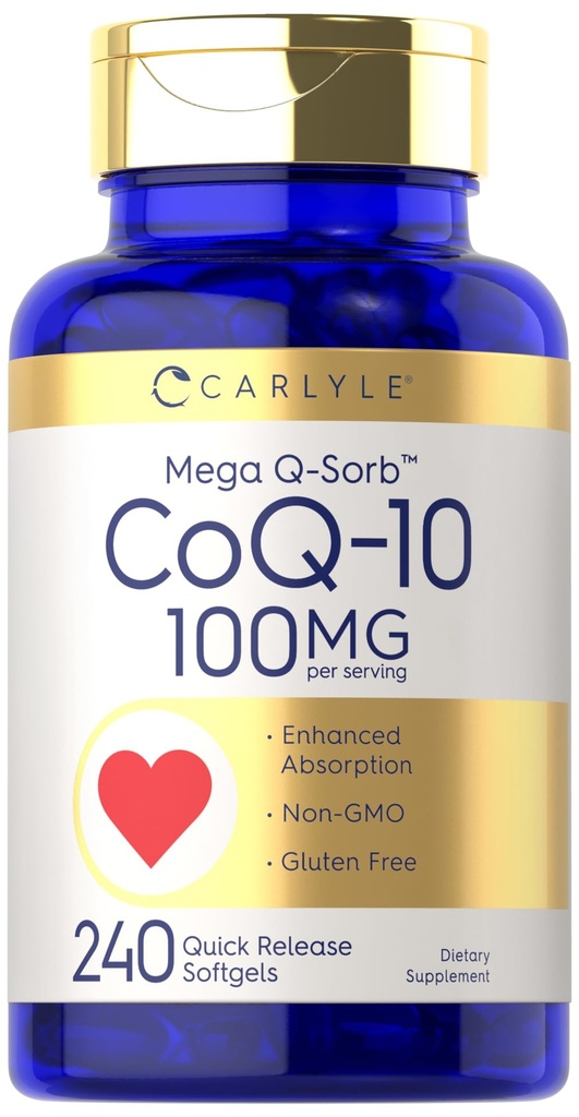 Carlyle CoQ10 100mg | 240 Softgels | Mega Q-Sorb Coenzyme Q-10 | con estratto di pepe nero | Non OGM, Integratore senza glutine