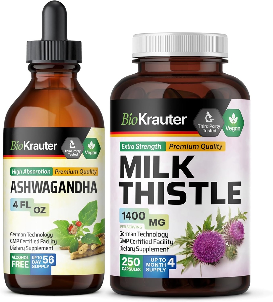 BIO KRAUTER Ashwagandha Tincture 4 Fl. Oz. & Milk Thistle 250 capsule