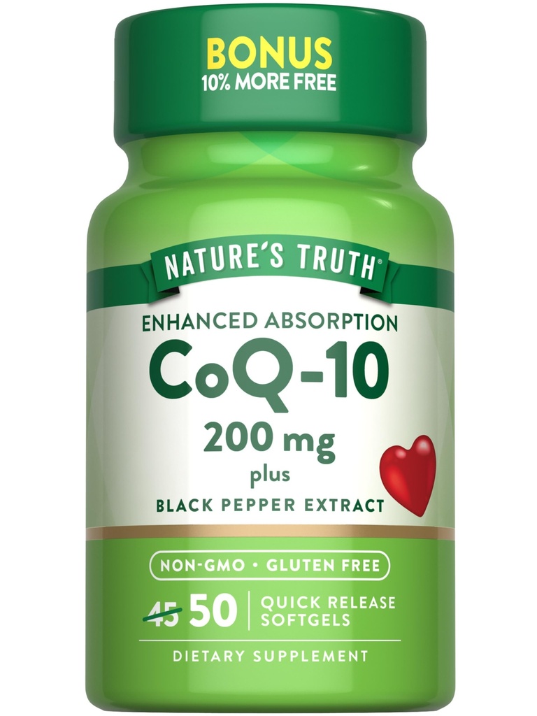 Verità della natura CoQ10 200mg Softgels | 50 Count | Integratore di assorbimento potenziato | Plus Black Pepper Extract | Non OGM, Gluten Free