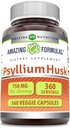 Incredibile formulas Psyllium Husk 750mg Veggie Capsule Supplemento | Non OGM | Gluten Free | Made in USA | Adatto per vegetariani (360 Conte)
