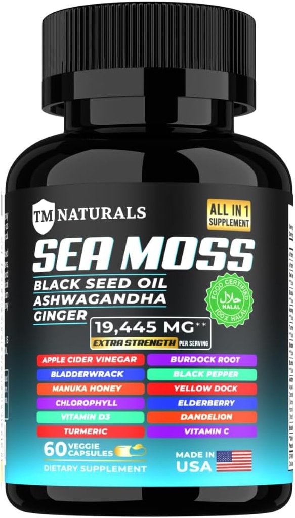 Moss mare con olio di semi neri, vitamina C, Ashwagandha e curcuma per il supporto immunitario & energia - 60 capsule vegane + scatola di pillole gratis