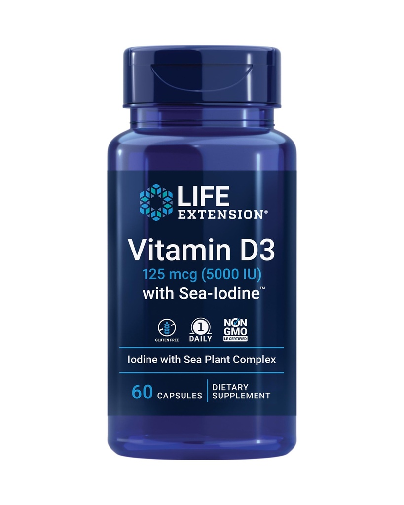 Vitamina D3 con Sea-IodineTM, 125 mcg (5000 IU) – Supporto Immune, Salute Bone, Salute tiroidea – 1 giornaliero, Senza glutine, Non OGM – 60 capsule