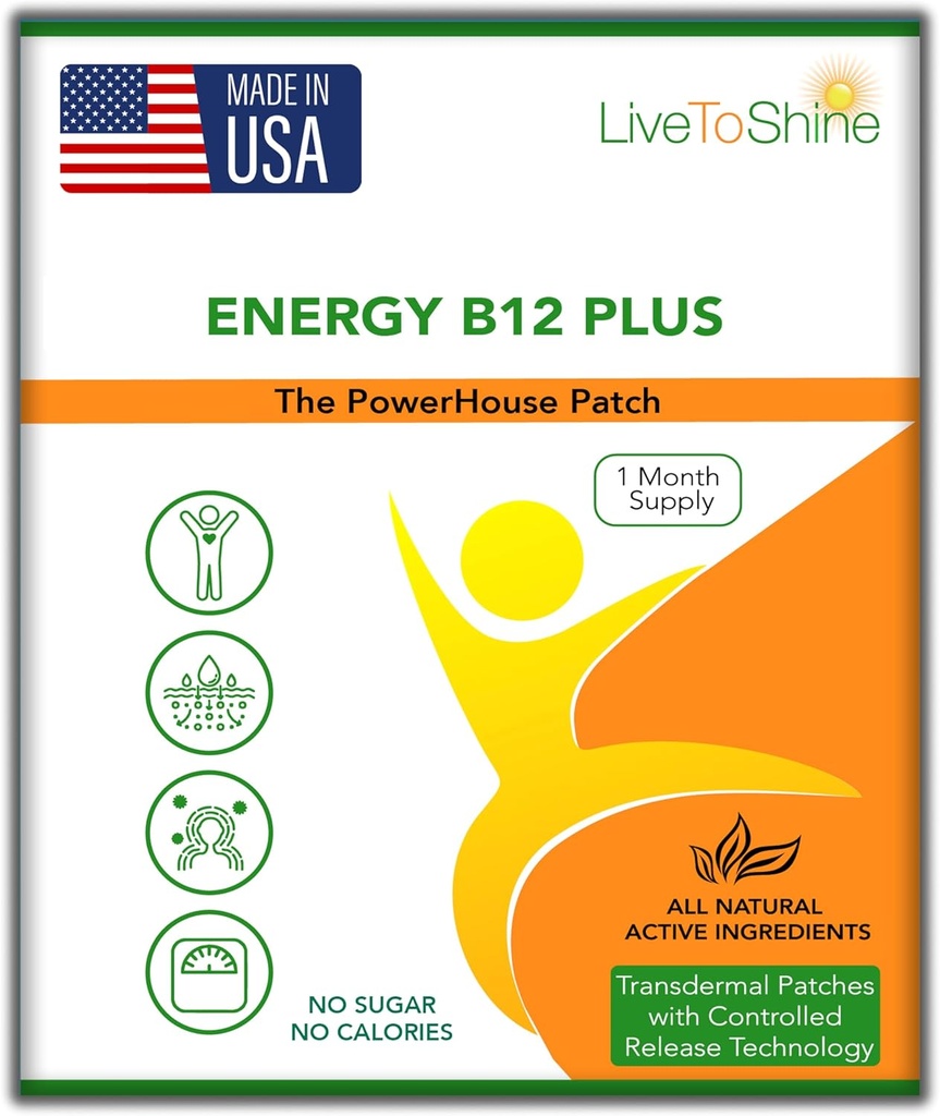 Live To Shine B12 Energy Plus Topical Patch - Supporto per l'energia e la messa a fuoco per le donne e gli uomini - Alimentazione di 30 giorni - USA Made