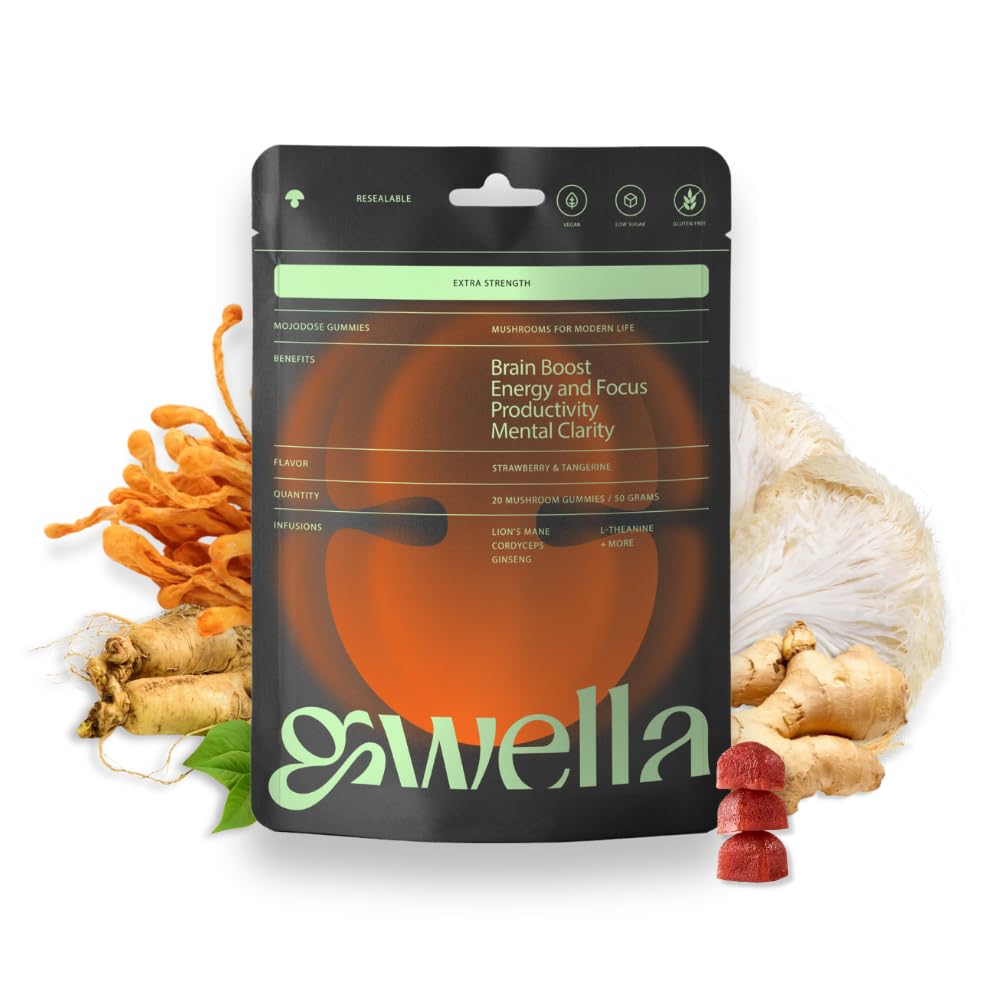Gwella Focus Gummies con Lion’s Mane, Panax Ginseng, Ginger Root, Cordyceps, SAM-e e Nootropics, Energy and Focus Supplement, Vegan, Strawberry Tangerine (20 Conte - Confezione di 1)