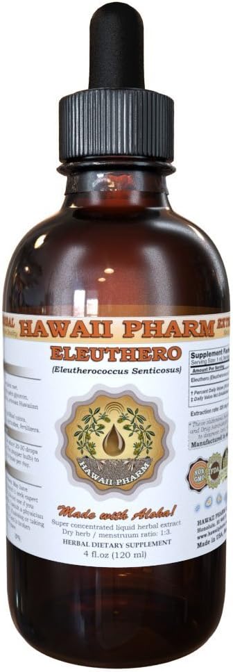 HawaiiPharm Eleuthero Liquid Extract, Organic Eleuthero (Eleutherococcus Senticosus) Siberian Ginseng Dried Root Tincture Supplemento 2 oz