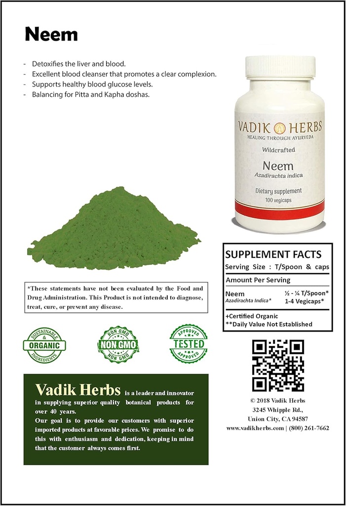 Neem (Azadirachta Indica) Polvere 1lb. Pack | Pulitore di sangue eccellente, Supporta livelli di glucosio sanguigno sano, Balancing per Pitta e Kapha Doshas