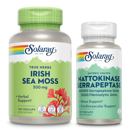 SOLARAY Irish Sea Moss 500mg e Nattokinase Serrapeptase Supplemento - Benessere Bundle con Vitamine Naturalmente Oscurring, Minerali - Gut Health, Sinus, Heart Health Support, 60-Day Guarantee, 100/30ct