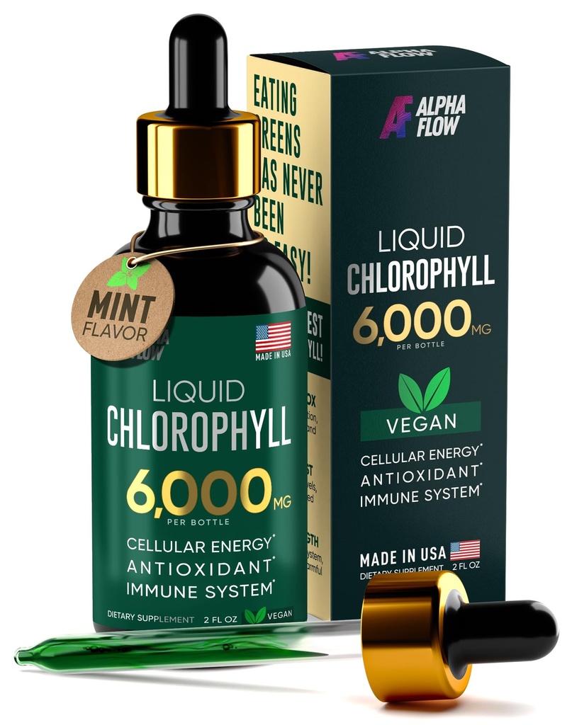 Clorofilla Liquid Drops 6000 mg - Supplemento di clorofilla liquida Premium - Antiossidante all-in-One per Boost immunitario, aumento di energia, supporto di digestione & Detox veloce - Non-GMO, Vegan