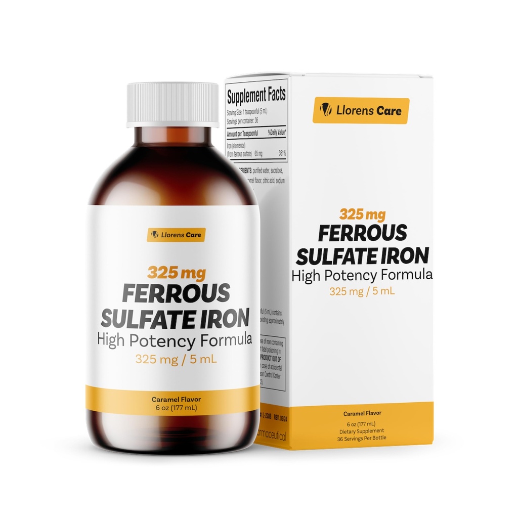 Ferroso Sulfato 325mg Ferro da stiro liquido 65mg di ferro elementare da cura di Llorens - 6 oz - Caramel Flavor (6 oz, Caramel)