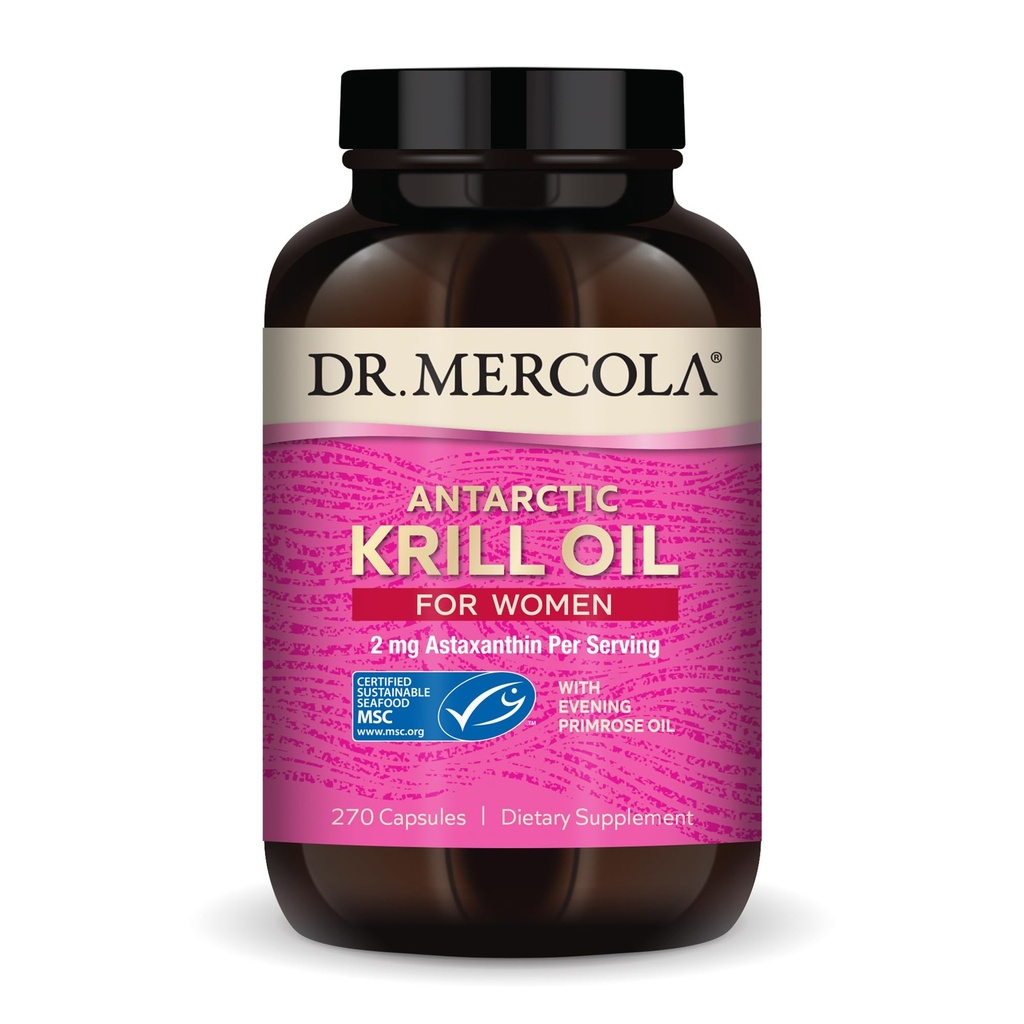 Dr. Mercola Krill Oil for Women - 2 mg Astaxanthin - MSC Certificato Sostenibile - Supporta il cervello, la pelle e immune Systems - con Omega-3s - Non OGM, Gluten-Free & Soy-Free - 270 capsule (30 Servings)