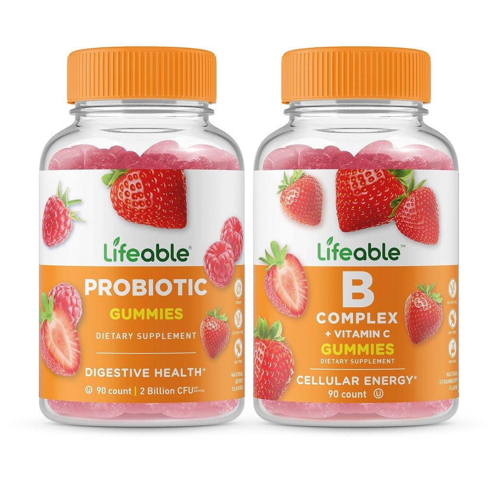 Probiotico vitale 2 miliardi di CFU + B Complex, Gummies Bundle - Grande degustazione, Integratore di vitamina, Senza glutine, OGM libero, pancia masticabile