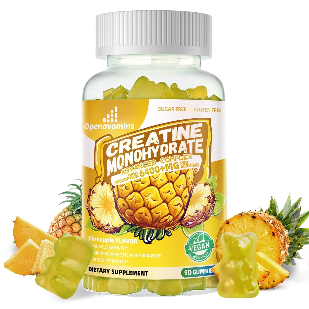 Creatina monoidrato Gummies Complesso per uomini e donne -Formula avanzata W/L-Taurine + Vitamina B12, Zucchero Gratis Chewable Supplement,90 Ananas Gummies