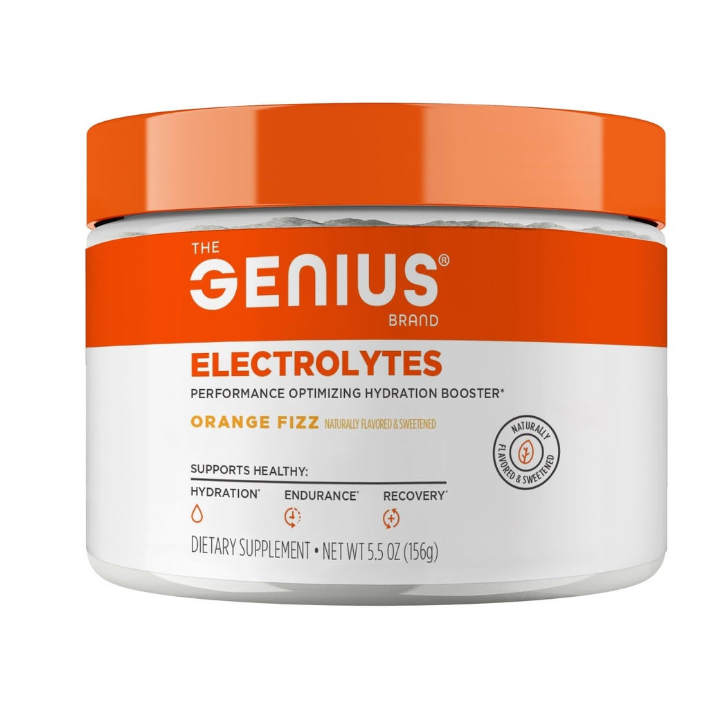 Genius Electrolytes Powder Drink Mix, Orange Fizz, 30 Serve - Natural Hydration Booster & Endurance Supplement with Potassium, Magnesium & Zinc - Sugar Free & No Artificial Sweeteners or Dyes