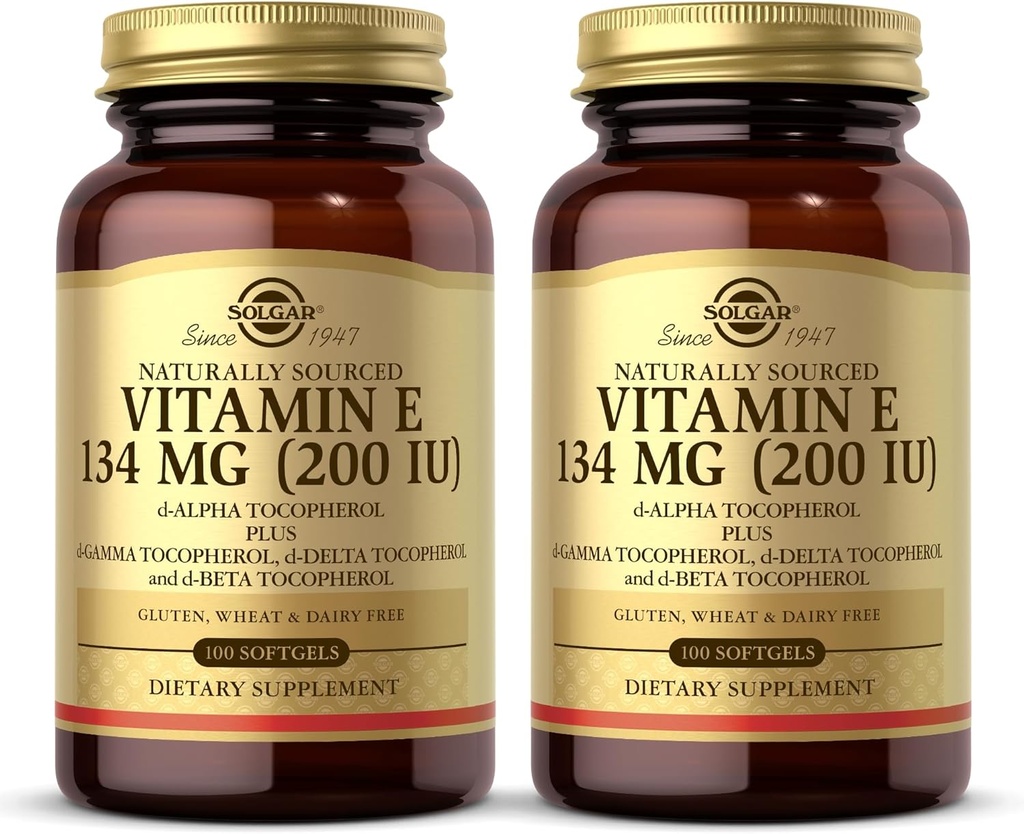 SOLGAR Vitamina E 200 IU - 100 Softgels, Confezione da 2 - Antiossidante naturale, Supporto sistema immunitario - Gluten Free, Dairy Free - 200 Total Servings