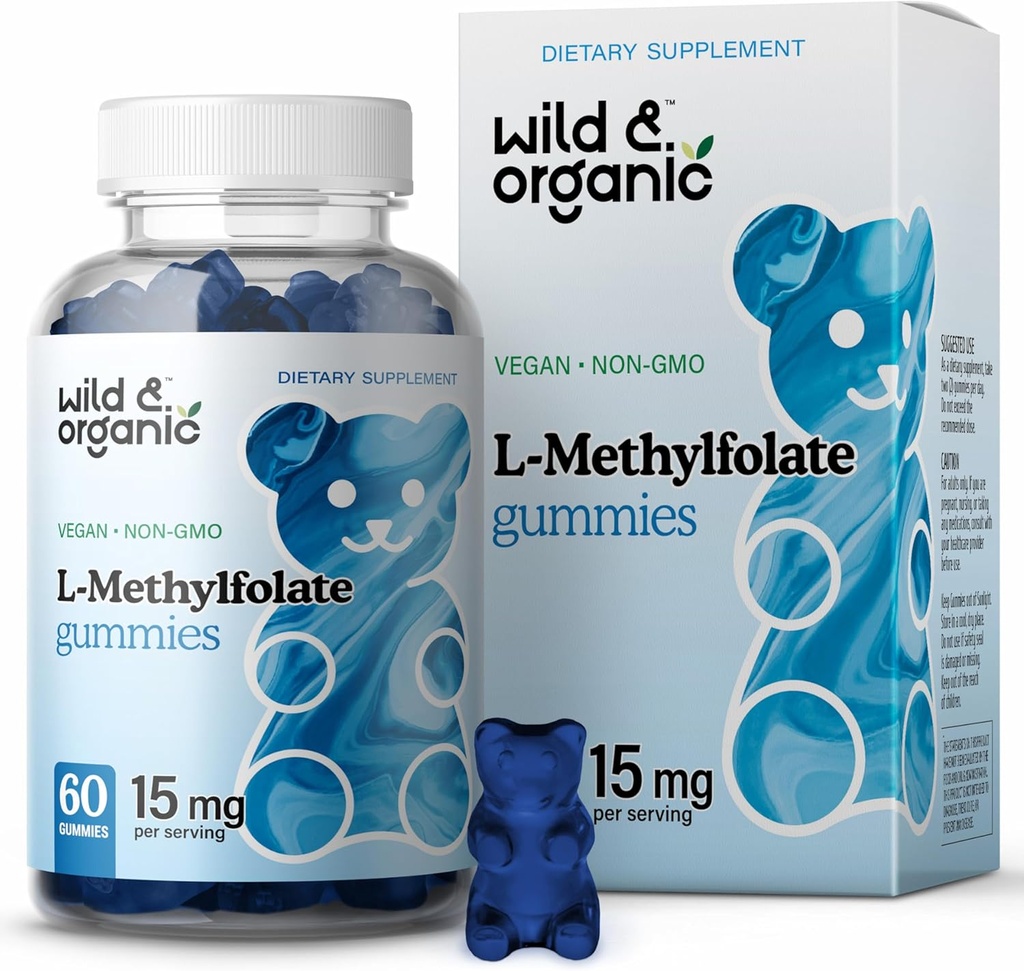 Wild & Organic L-Methylfolate 15mg Gummies - Mood & Brain Support - Folate 5-MTHF Supplemento per cervello, messa a fuoco, clarity - Folate Supplement w/Vitamin B9-60 Non OGM L Methylfolate Gummies