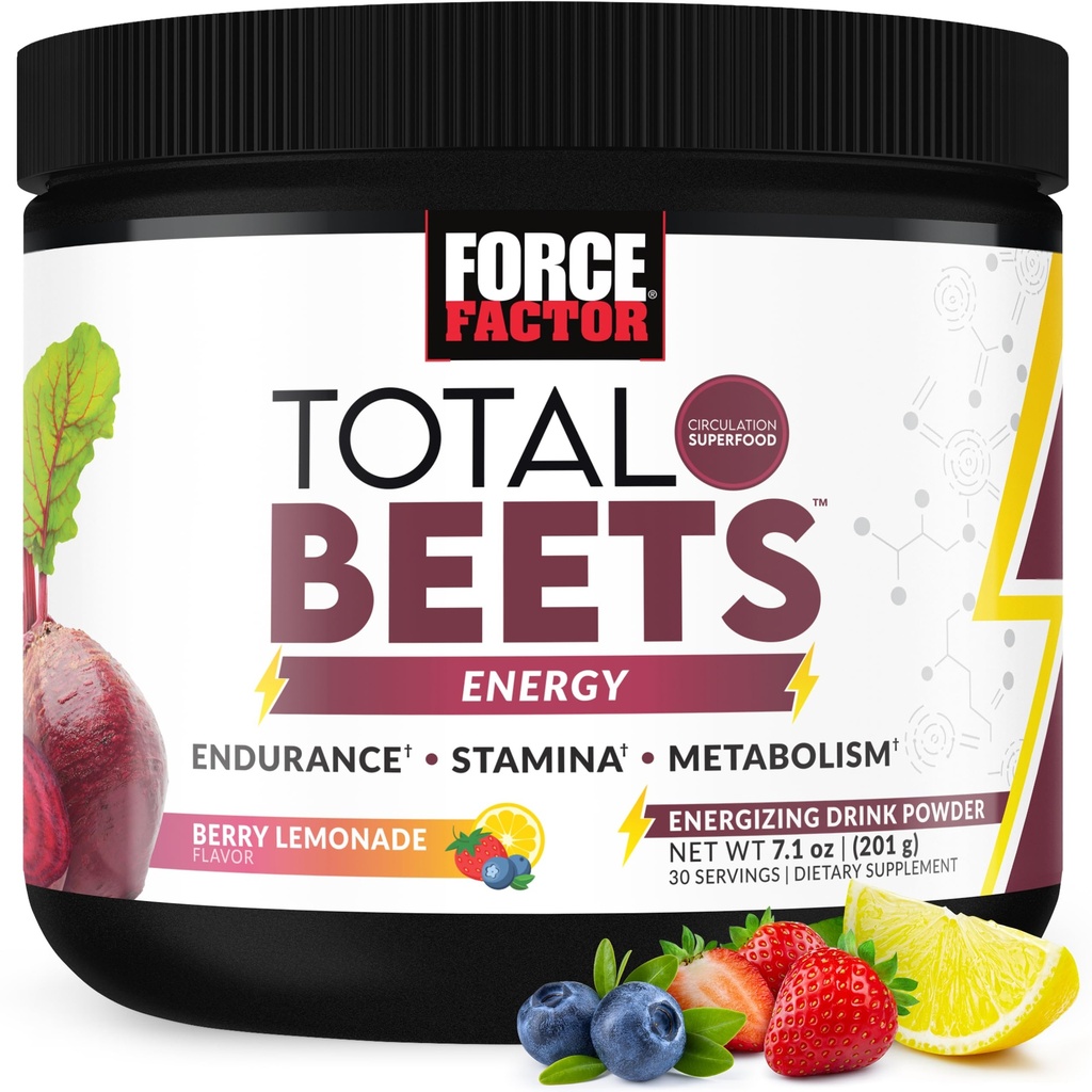 FORCE FACTOR Total Beets Beet Root Powder with Energy, NO3-T® Nitrates to Support Circulation, Blood Pressure, Blood Flow, and Stamina - Plus Green Tea Extract. Supplemento Superfood, 30 Serve