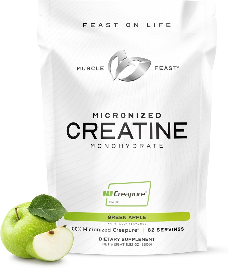 Muscle Feast Creapure - Micronized Creatine Monohydrate Powder | Premium Pre-Workout o Post-Workout | Creatina aromatizzata per donne e uomini | Facile da miscelare, senza glutine, sicuro e puro (Green Apple, 250g)