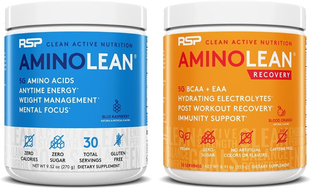 RSP NUTRITION AminoLean Pre Workout Energy (Blue Raspberry 30 Serve) con AminoLean Recovery Post Workout Boost (Blood Orange 30 Servings)