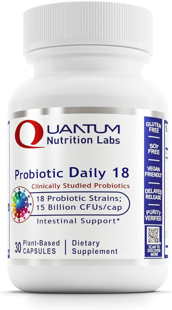 Quantium Nutrition Labs Probiotic Daily 18 - Probiotici per la salute digestiva, Probiotici per le donne e gli uomini con Lactobacillus Acidophilus, Reuteri per sano Gut Microbiome - 30 capsule vegetariane