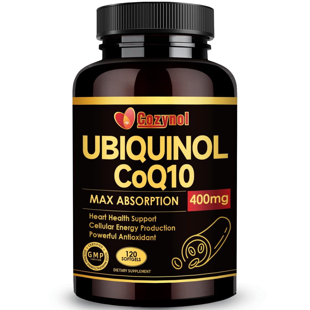 Ubiquinol CoQ10 400mg Softgels con vitamina E & Omega-3, Max-Absorption Coenzyme Q10, Antiossidante potente, Supporta la salute del cuore e la produzione di energia, 120 Conte, Non OGM
