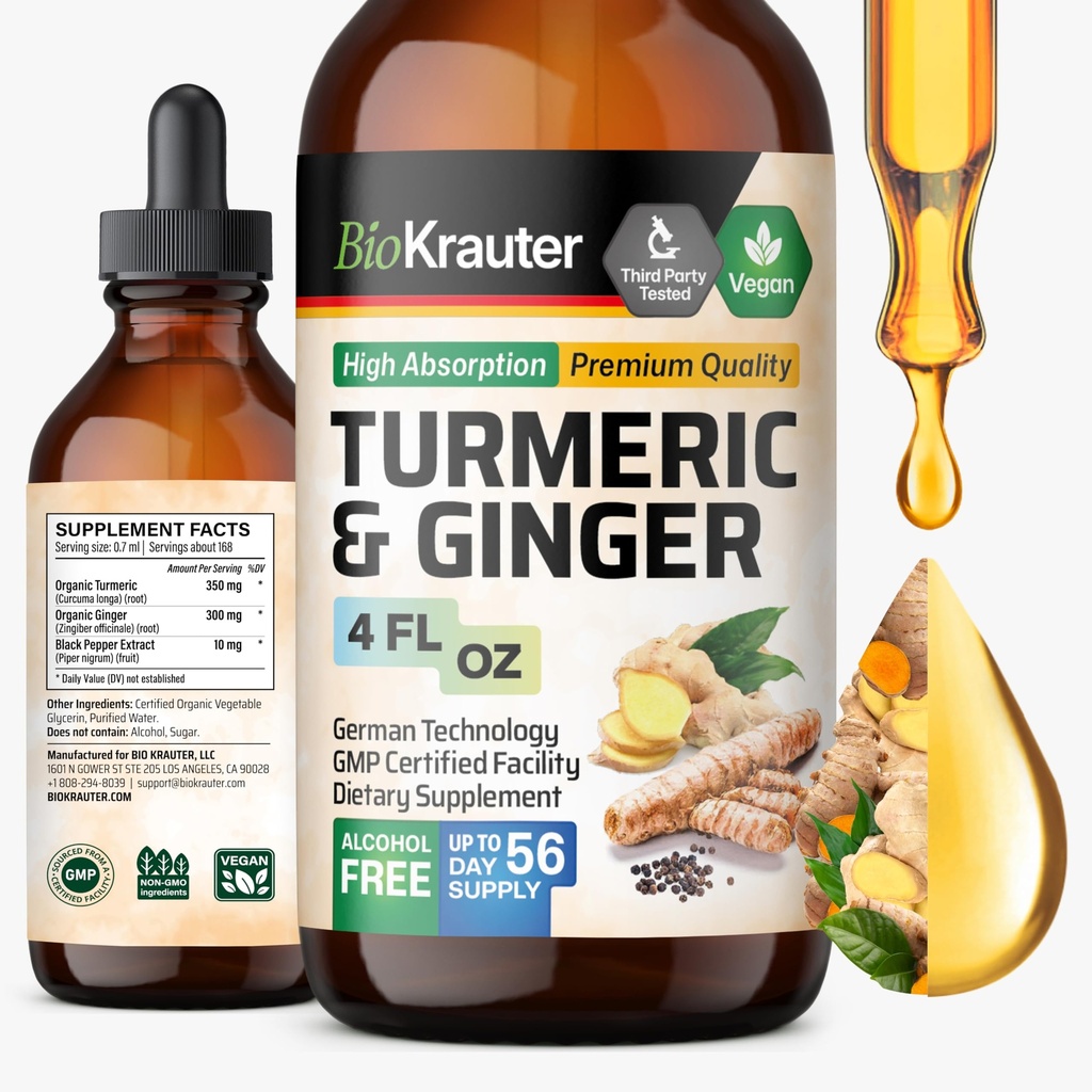 BIO KRAUTER® Turmeric and Ginger Supplement - Pure Vegan Liquid Turmeric & Ginger Tincture with Pepper 4 Fl.Oz 56 Days of Supply - Gocce di curcumina per il supporto congiunto, supporto antiossidante & Immune