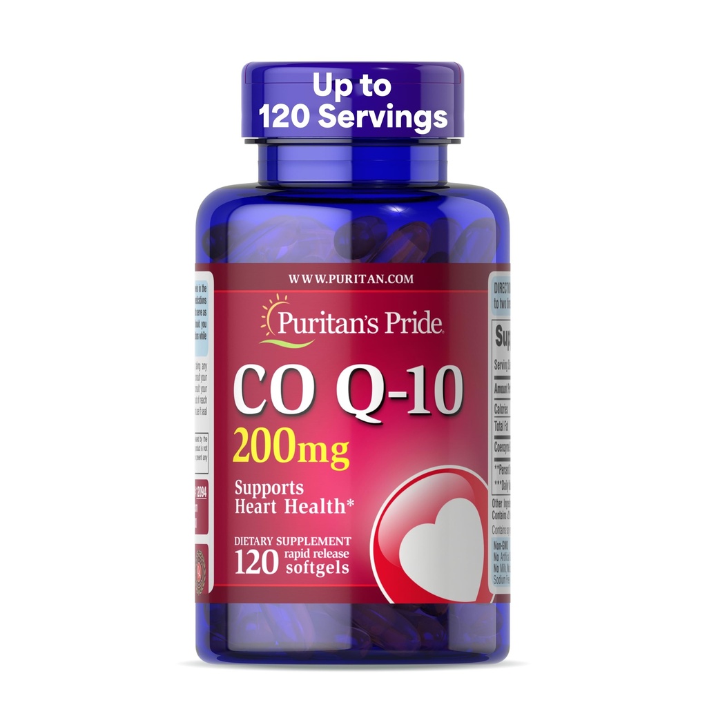 Puritan's Pride Coenzyme CoQ10 200mg, Integratore alimentare per la salute del cuore, la pressione sanguigna, la salute della gomma orale e il supporto di invecchiamento sano, 120 Servings, Softgels di rilascio rapido