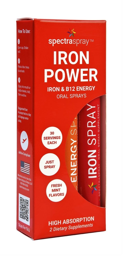 SpectraSpray Iron & B12 Vitamin Liquid Oral Spray Kit - Ferro da stiro alimentare come minerale giornaliero essenziale e B12. Vegan, senza glutine e altamente efficace, 30 giorni di alimentazione per spray