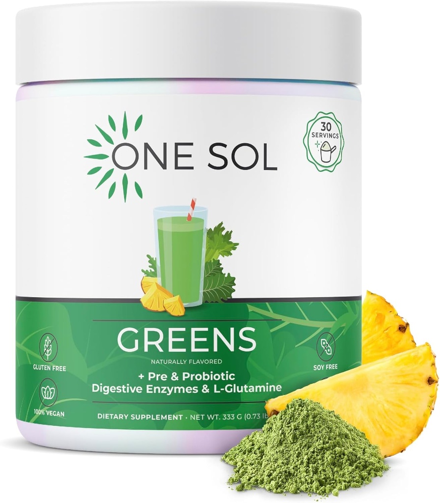 One Sol Greens, Super Greens Polvere per ridurre Bloating & Migliorare la salute del fegato, Superfood Fresh Bloom Organic Greens Blend Juice & Smoothie Mix, Pre & Probiotic with Digestive Enzymes, Vegan & Soy Free