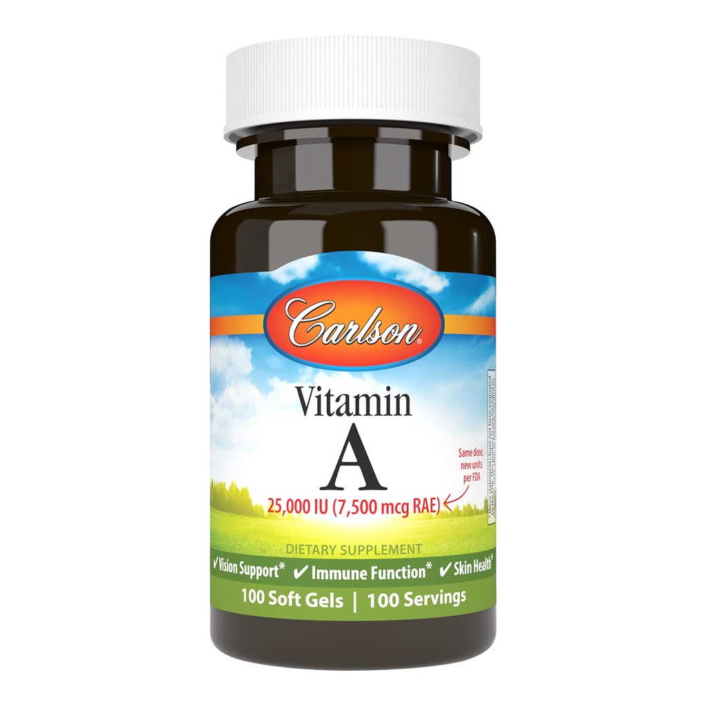 Carlson - Vitamina A, 25000 IU (7500 mcg RAE), Vision & Skin Health, Funzione Immune, 100 gel morbidi