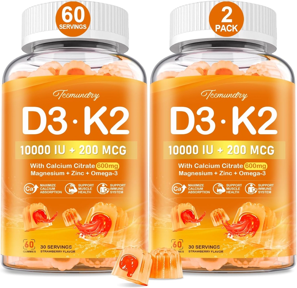 Vitamina D3 K2 5000IU / 10000 IU Gummies per adulti - K2 D3 Integratore di vitamina con calcio 600mg, K2 (MK-7) 200mcg, magnesio, zinco, Omega-3 - Supporta l'assorbimento del calcio e la salute immunitaria