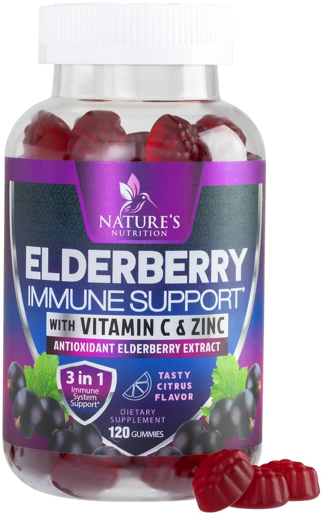 Gummie di supporto immunitario con Estratto di sambuco - Sambucus Elderberry Gummy con Zinc & Vitamina C, Integratore di supporto Immune Vegano naturale per adulti e bambini, Vitamine di bacche di sambuco - 120 Gummies