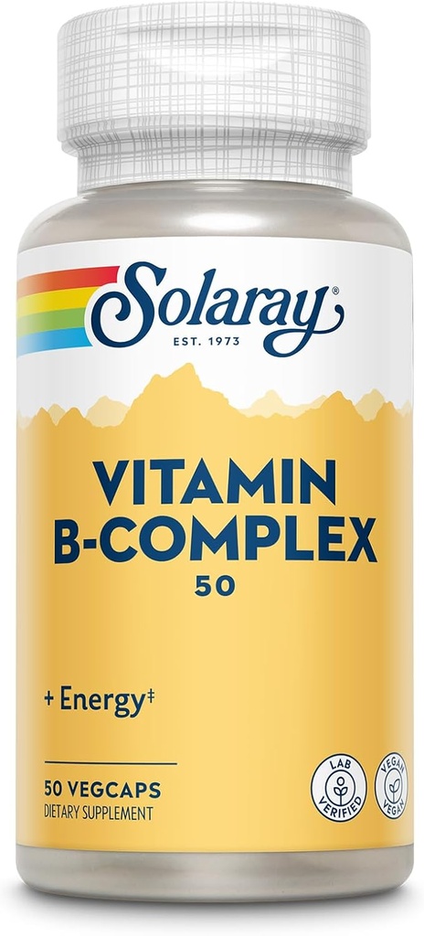 SOLARAY Vitamina B Complex 50 mg - Vitamine di energia cellulare - Metabolismo e Nerve Assistenza sanitaria con Vitamina B12, Vitamina B1, B6, Niacina, Acido Folico, Biotina e altre Vitamine B - Vegan, 50 VegCaps