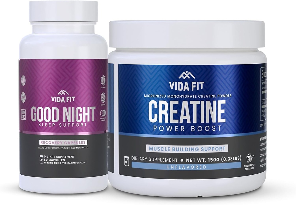 Good Night Natural Sleep Aid (60 capsule) & Micronized Creatine Monohydrate Powder (150g) Bundle – Supporto naturale del sonno con Melatonin, Ashwagandha & L-teanina, Plus Pure Vegan Creatine per migliorare