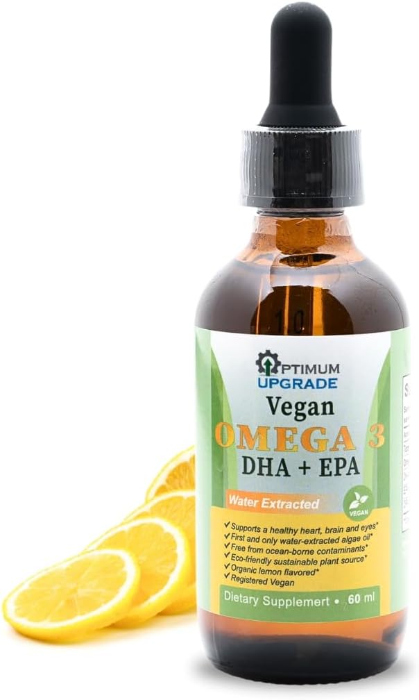 OU Vegan Omega 3 gocce - Limone aromatizzato, Olio di alghe estratte da acqua organico con EPA, DHA & DPA - Non OGM, Vitamina liquida liquida a base vegetale per cuore, cervello e salute comune - 60 dosi