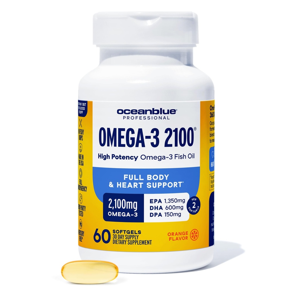 Oceanblue Professional Omega-3 2100mg Fish Oil Supplement Triple Strength, EPA ad alta potenza, DHA & DPA Burpless, Wild-Caught, Natural Orange Flavor 60 Softgels (Pack of 1)