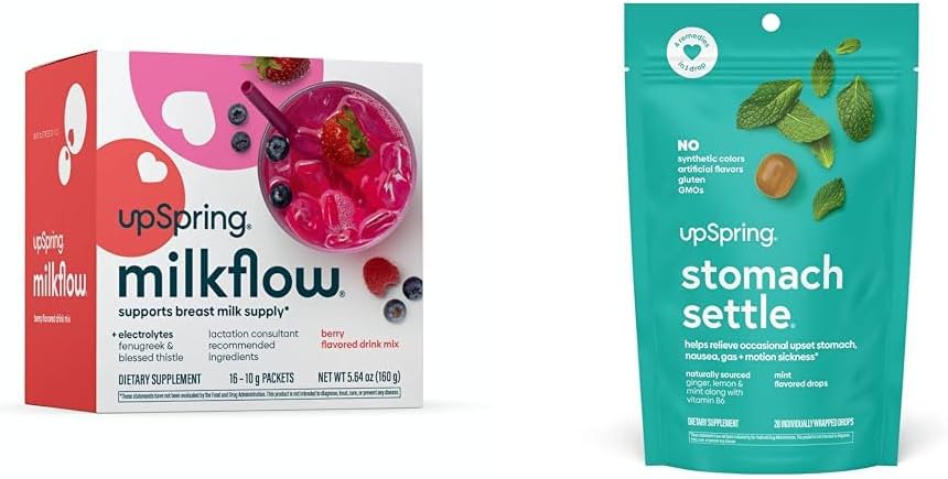UpSpring Milkflow Electrolyte Breastfeeding Supplement Drink Mix con Fenugreek Stomach Settle Drops per Rilievo Nautico Occasionale / Schiuma con Ginger, Lemon, Spearmint e B6.