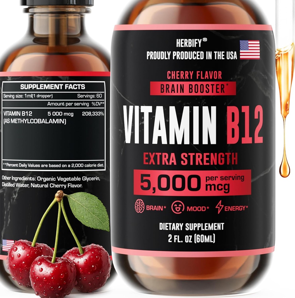 HERBIFY Vitamina B12 Integratori energetici multivitaminici metilati per le donne e gli uomini - Liquido B12 Vitamine 5000 Mcg Methylcobalamin - Supporto energetico e Immune Salute Vitamina liquida 2 Oz