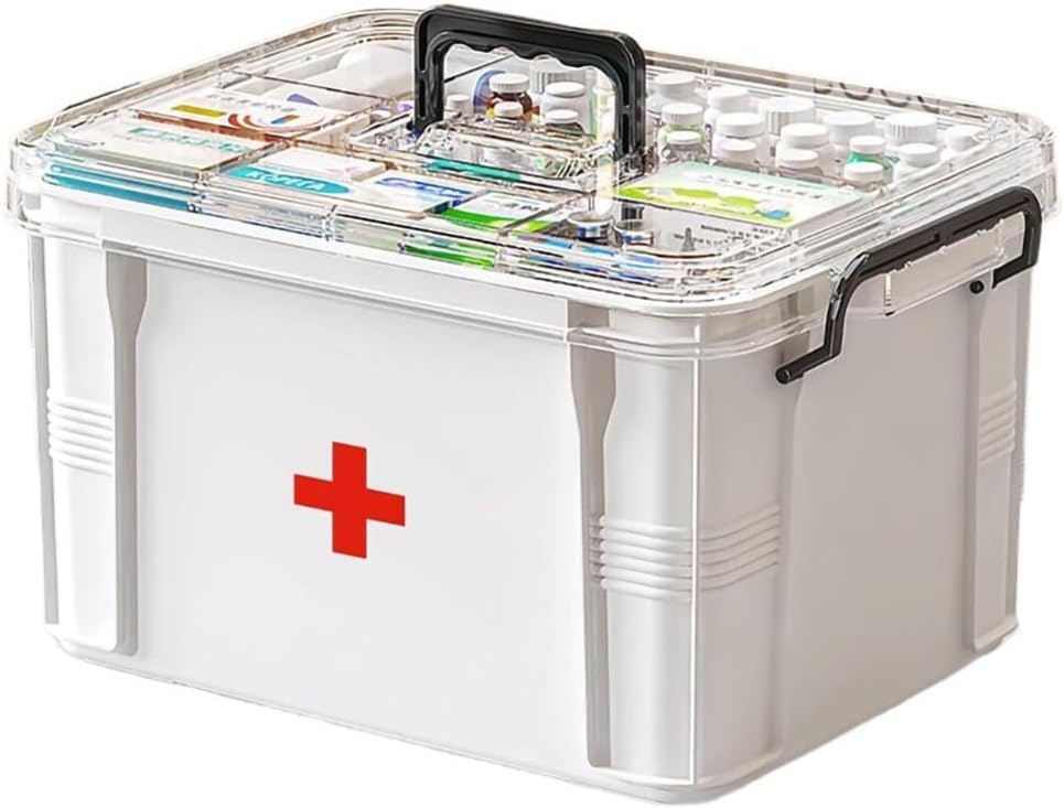 Scatola di stoccaggio della medicina, organizzatore della bottiglia del pilastro, doppio confronto, trasparente, grande capacità, bianco