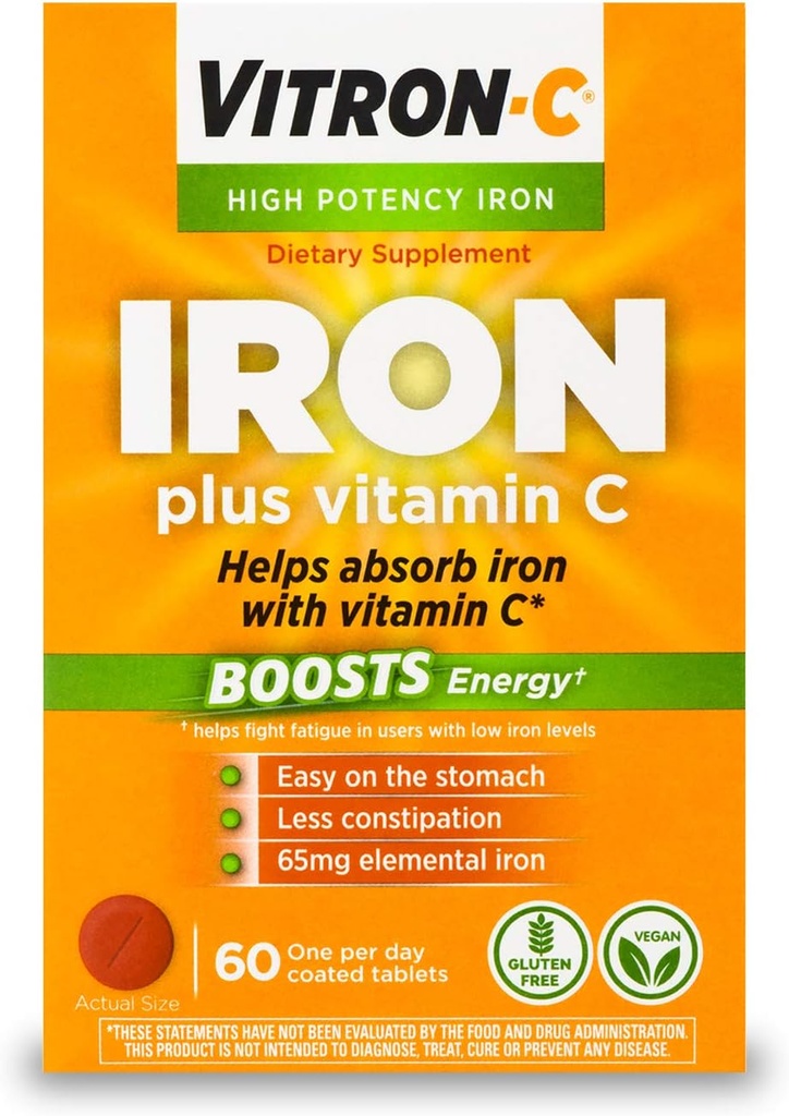 Vitron-C supplemento di ferro ad alta potenza con 125 mg di vitamina C, 60 conte
