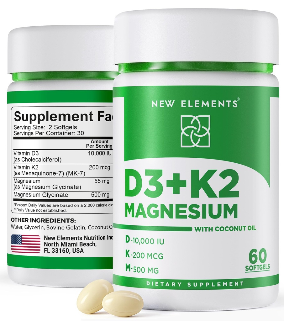 Nuovi elementi Vitamina D3 K2 10.000 UI con Magnesio Glycinate 500mg - Bone Salute, Supporto Immune, Energy & Mood - Non OGM, Gluten-Free, Zucchero-Free Softgels per Donne & Uomini (60 softgels)