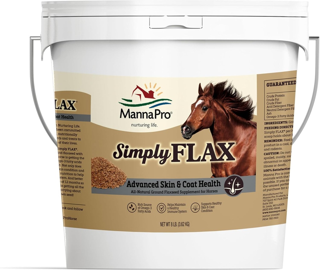 Manna Pro Semplicemente Flax per Cavalli – Omega-3 Rich Flaxseed Supplemento – Supporta la salute del cappotto, la funzione congiunta e il sistema immunitario – Fonte naturale di acidi grassi essenziali – Flax terra – 8 lb Bag