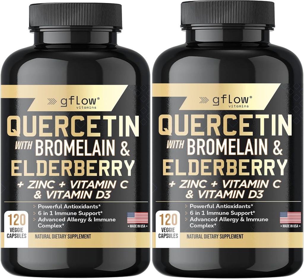 Quercetina con Bromelain Zinc Vitamina C Vitamina D Elderberry - 120 capsule vegetali, Non OGM, Gluten-Free | Integratore di supporto immunitario Made in USA | 4 mesi di alimentazione