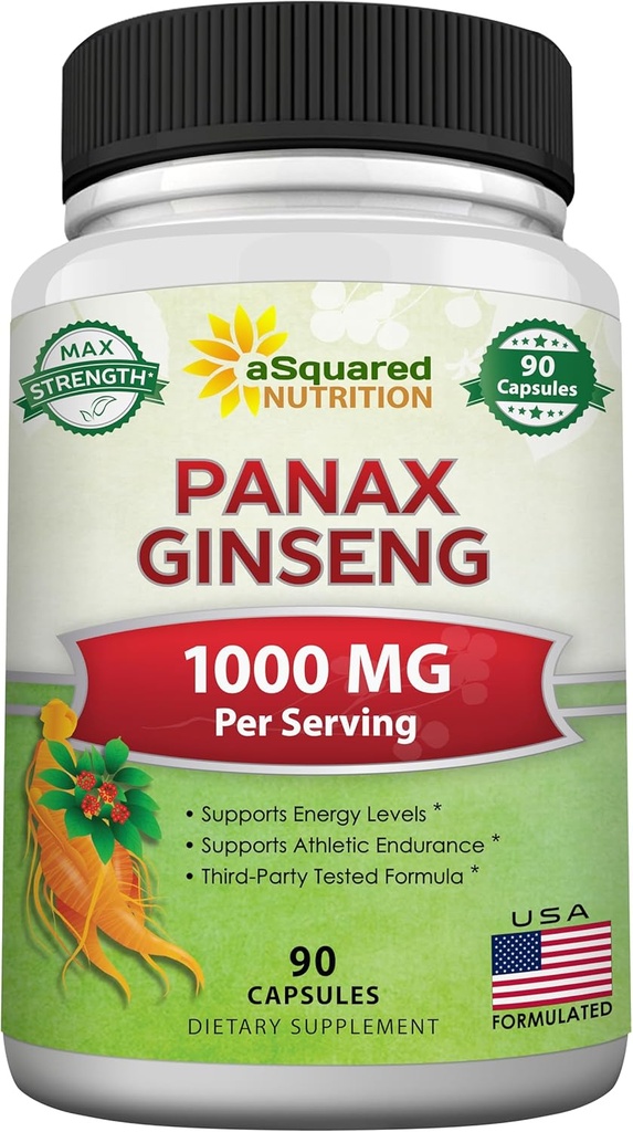 aSquared Nutrition Natural Korean Panax Ginseng (1000mg Max Strength)-90 Capsule Root Extract Complex (Red & White), Ginsenoside ad alta dose in semi, Asian Powder Supplement,Tablet Pills for Energy