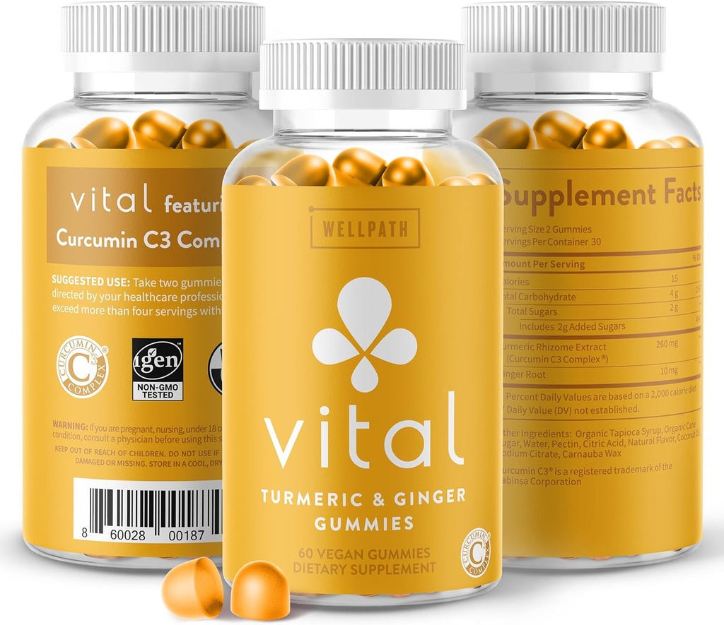 WellPath Vital Turmeric Gummies + Ginger - Supporto congiunto Curcumina Supplemento, curcumina curcuma curcuma C3 Complex, Tasty alternativa alle capsule, radice di curcuma e zenzero, Chews aroma tropicale, Vegan, 60 Ct