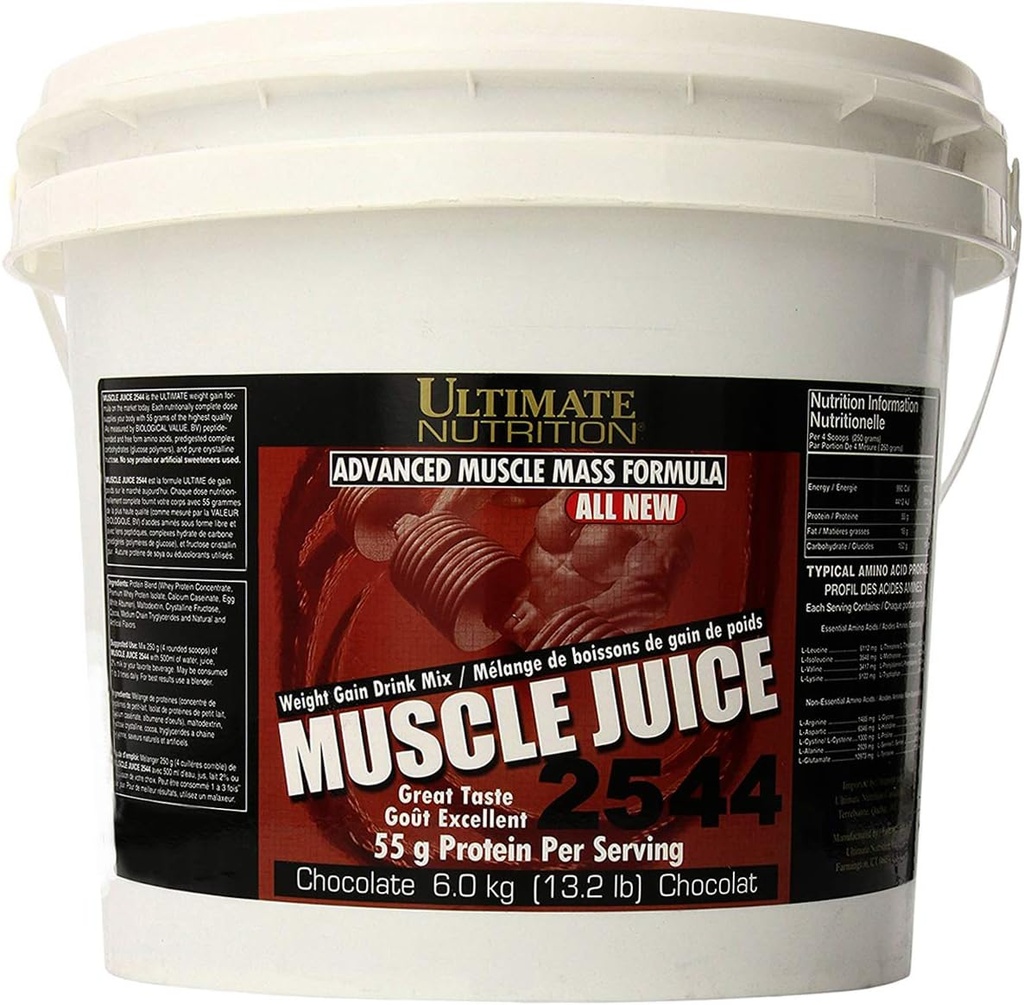 Ultimate Nutrition Muscle Juice, Weight Gain Drink Mix - Polvere di allenamento Mass Gainer per uomini e donne - Supplemento per la crescita muscolare magra e supporto immunitario con 55g Protein - Chocolate, 13.2lb