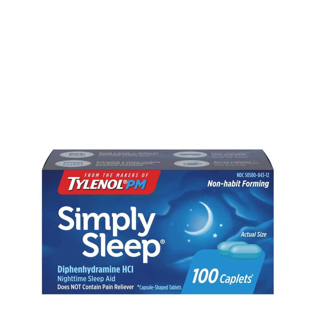 Tylenol Semplicemente Dormire Caplets di aiuto notturno, 25 mg Diphenhydramine HCl, Non-Habit Forming Sleep Aid for Adults, 100 Count
