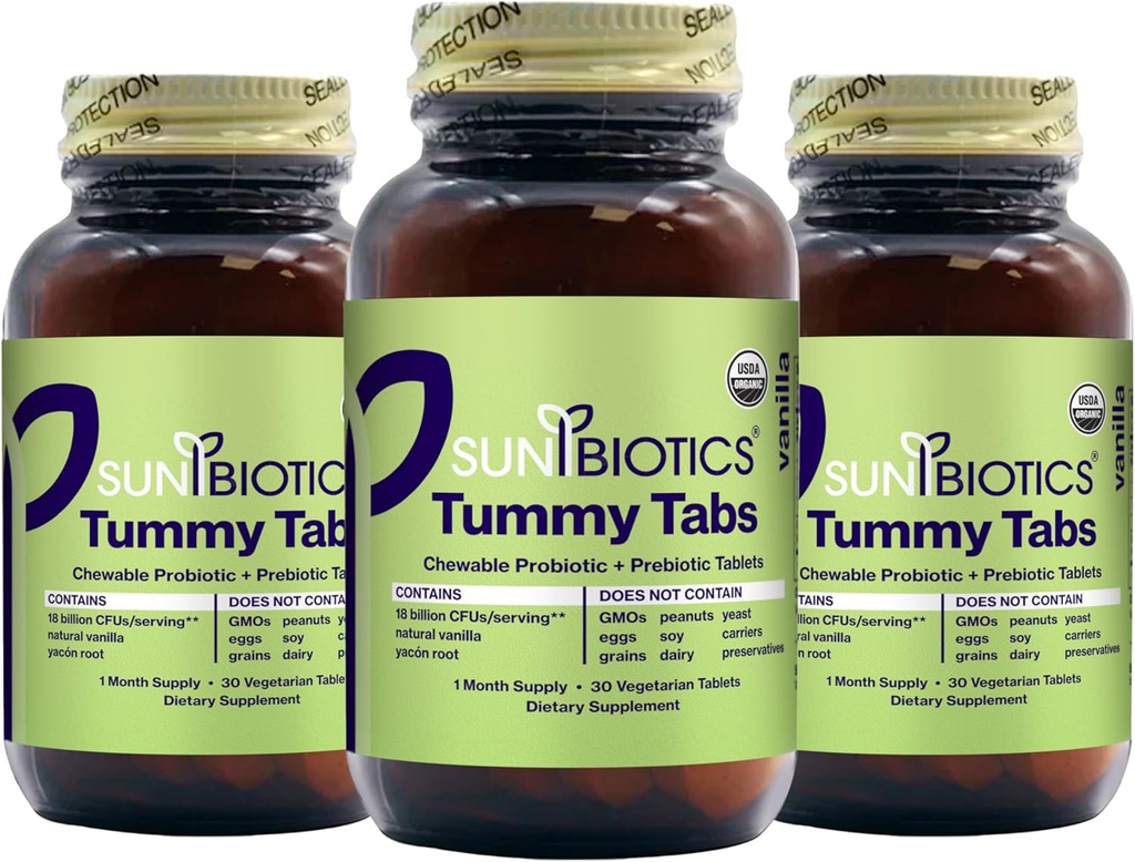 SUNBIOTICS Tummy Tabelle - Chewable Probiotic e Prebiotici con 18 miliardi di CFU di 4 Strains Probiotici per Buona Gut Flora, Immune System, & Balanced Microbiome - Vanilla, (Pack of 3)