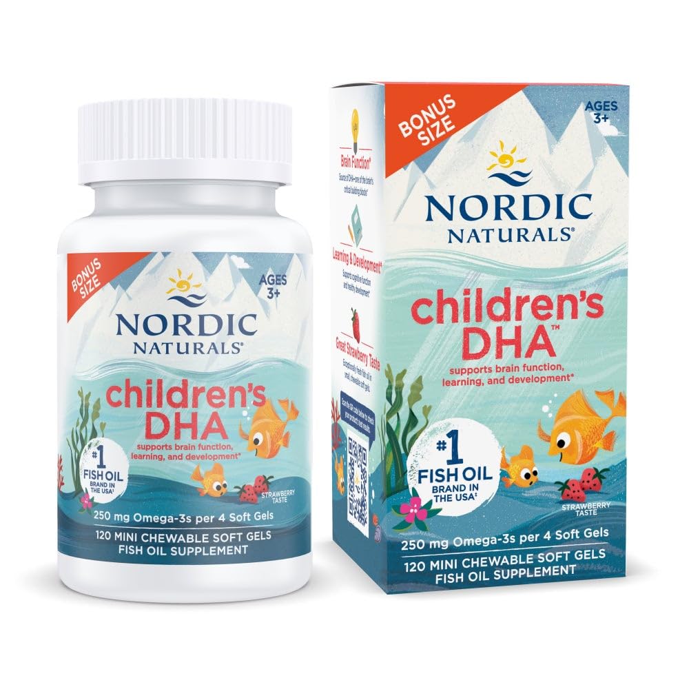 Nordic Naturals DHA per bambini, Fragola - 120 Mini Gel Morbido per bambini - 250 mg Omega-3 con EPA & DHA - Sviluppo del cervello & Funzione - Non OGM - 30 Serve
