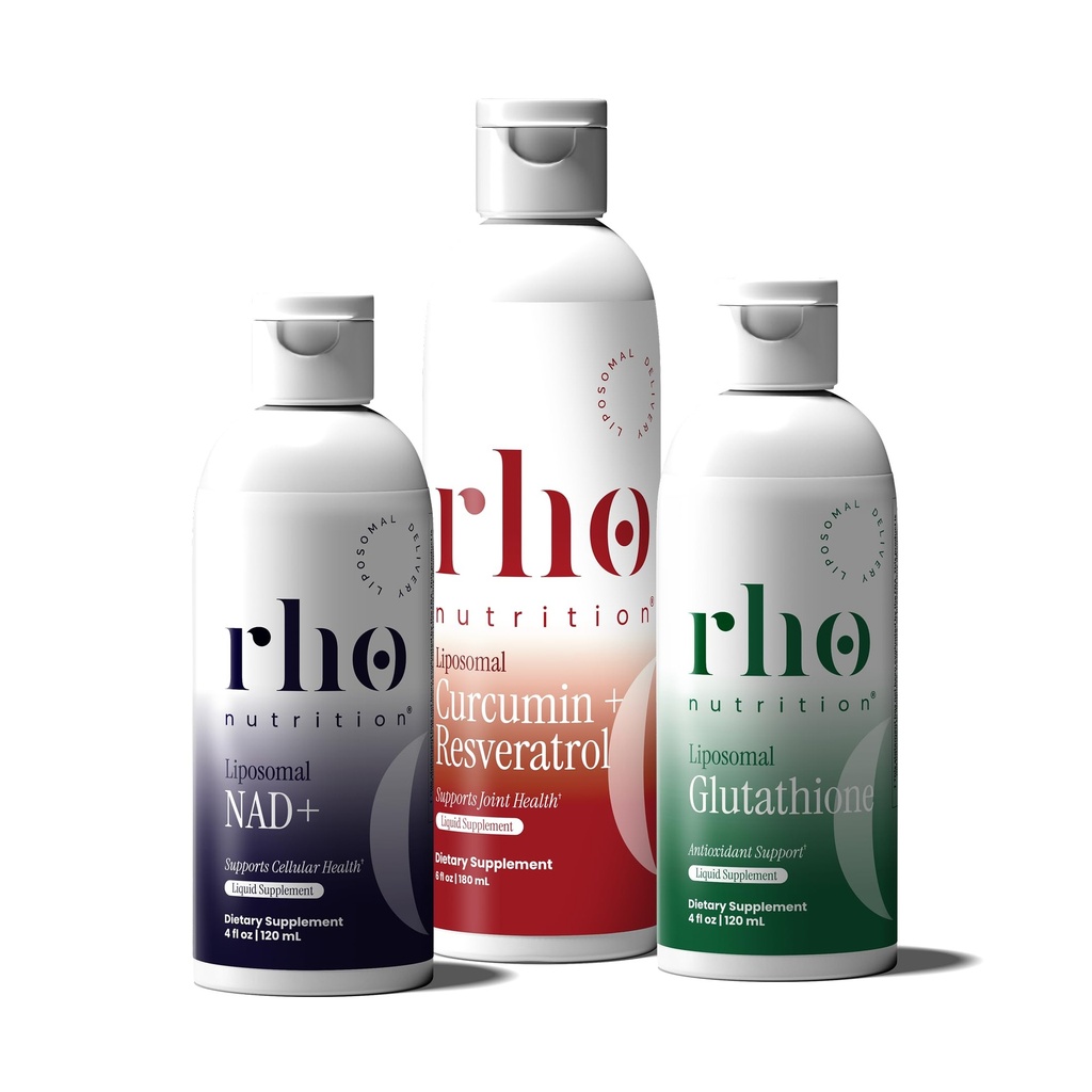 Rho Nutrition - Essenziali Cellulari Bundle – Integratori Liposomali Liquidi per l'invecchiamento sano e supporto cellulare - NAD+, Curcumina + Resveratrolo, & Glutathione (3 Pack)